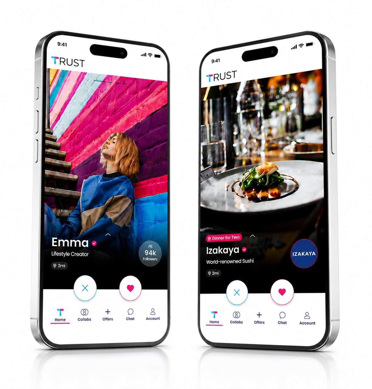 Two TRUST app screens in black phone frames