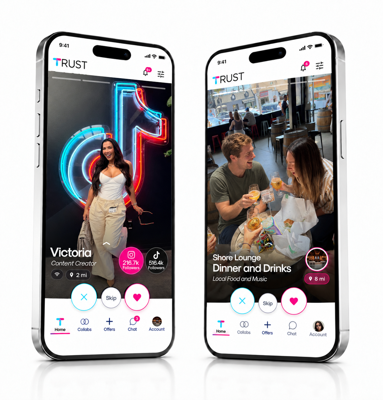 Two TRUST app screens in black phone frames